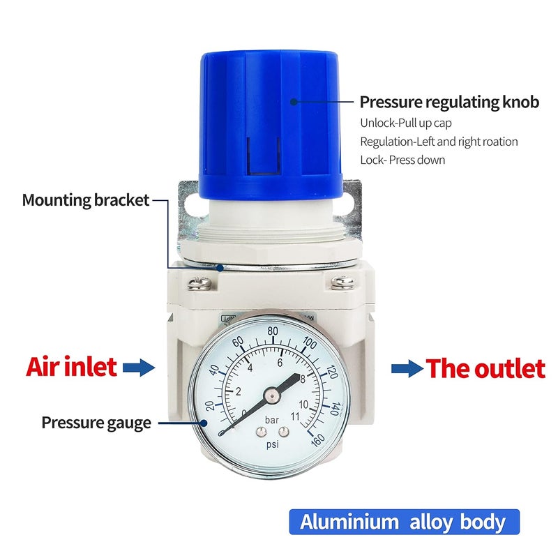 BLCH 1/2" NPT Air Pressure Regulator - Air Regulator for Compressor,Air Compressor Regulator Air Drying System AR4000-04 Gauge 0-160 PSI - Image 4